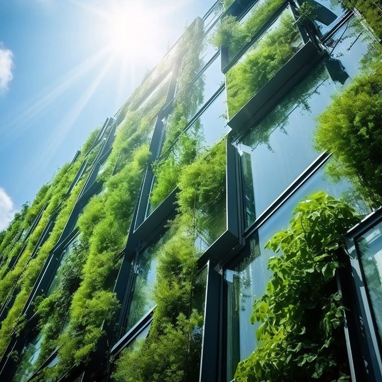 Eco-friendly building in the modern city. Sustainable glass office building with tree for reducing carbon dioxide. Office building with green environment. Corporate building reduce CO2. Generative AI 