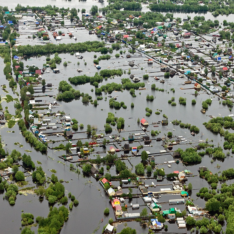 Ob River Flood June 2015 Aerial View of same houses in vicinity of Nizhnevartovsk, Tyumen region, Russia. Aerial view of the residential area of the suburb of Nizhnevartovsk during the flood of 2015.